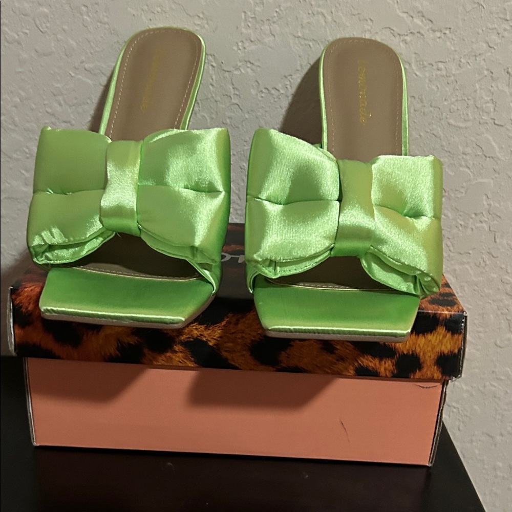 Satin Bow Slide Mules in Lime Green